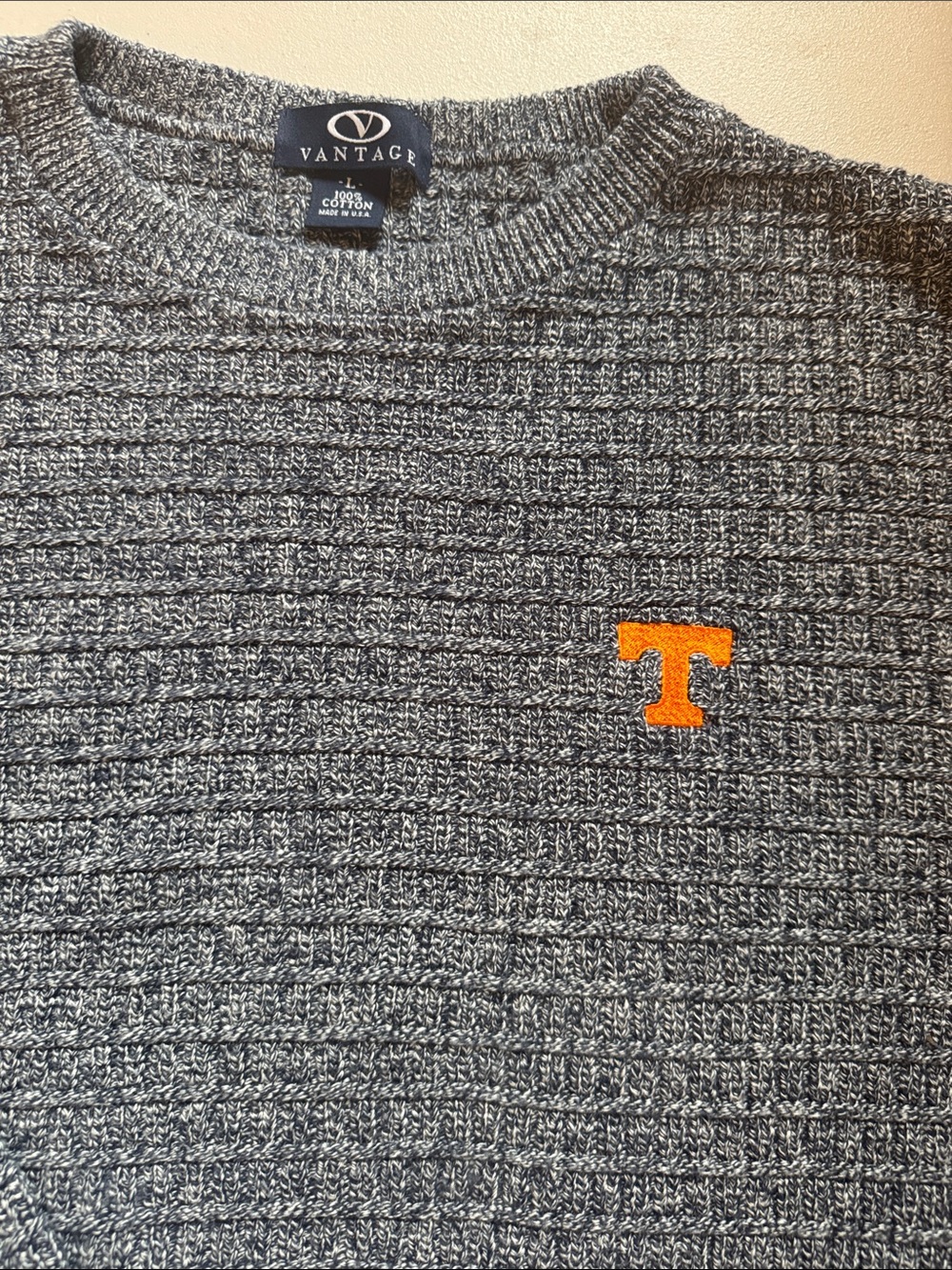 Men's Gray/Navy Waffle Knit VFL Sweater with Orange Power T Embroidery